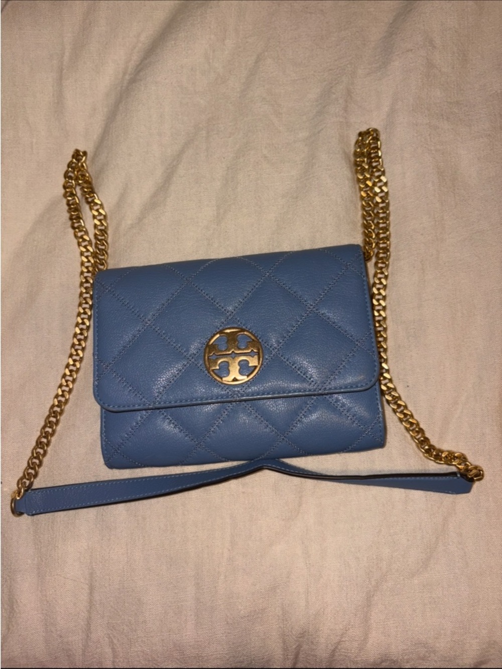 Tory Burch Light Blue Quilted Leather Chain Crossbody with Gold Logo